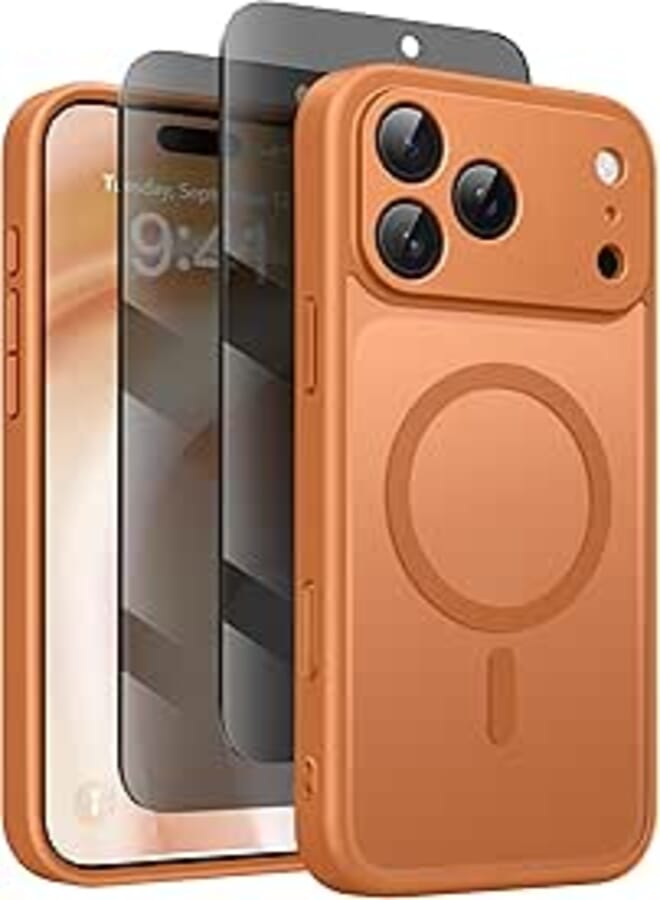 Magnetic Case for iPhone 17 Pro Max with Privacy Screen Protector [Compatible with MagSafe][Camera Protection][Military-Grade][Camera Control Cover]Translucent Matte 17 ProMax Phone Case,Orange